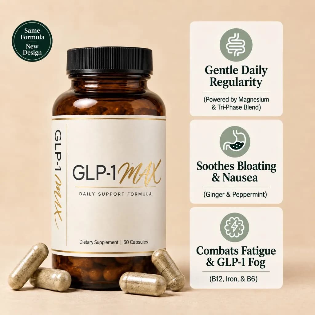 GLP-1 Max bottle with benefits: gentle daily regularity, soothes bloating and nausea, combats fatigue and GLP-1 fog