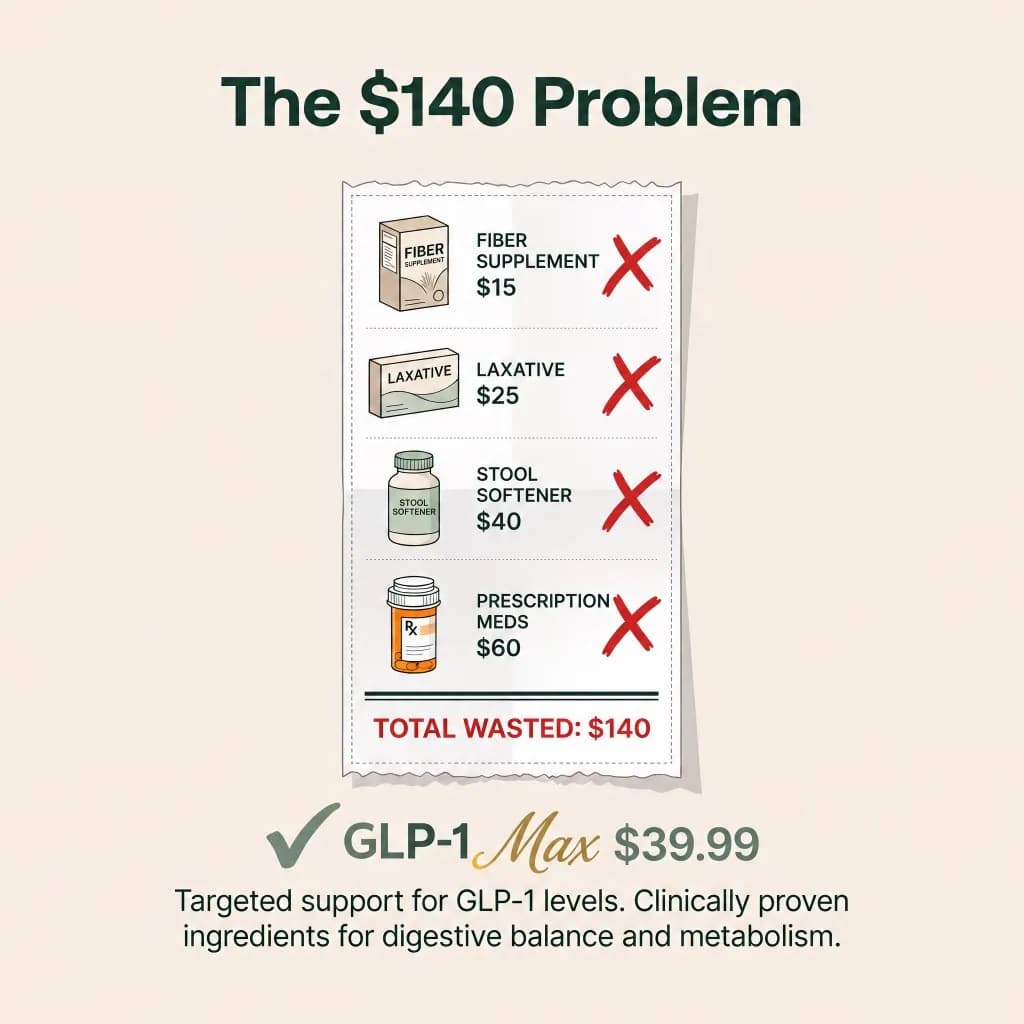 Receipt totaling $140 wasted on fiber, laxatives, stool softener, and prescription meds, compared with GLP-1 Max at $39.99